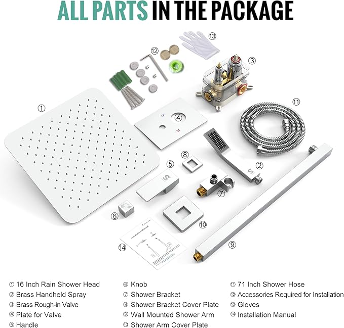 SR SUN RISE Polished Chrome Square Rainfall Shower Head and Handle Set, Wall Mounted Shower Fixtures, Metal Shower Faucet Trim Repair Kits (With Shower Valve) 16 Inches