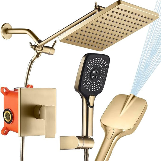 Shower Faucet Set Brushed Gold Rough-in Anti-Scald Pressure Balanced Valve Body Modern Luxury Wall Mounted 10 Inch Rain Mixer Shower System (Brushed Gold)