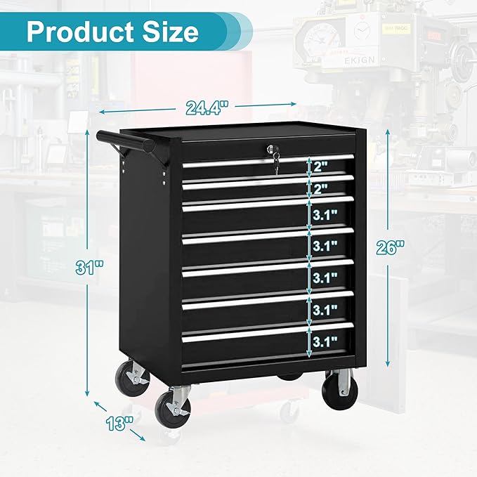 Tool Chest 7 Drawers Garage Storage Cabinet Steel Frame Tool Chest with Wheels, Top Storage Rack, Rubber Mat, Side Handle for Garage Workshop, Black