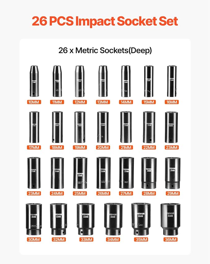 VEVOR Impact Socket Set, 26pcs x 1/2inch Metric 10mm-36mm Impact Sockets, 6-Point Deep Socket Rugged Construction High-torque, Cr-V 1/2 Inches Drive Socket Set Impact with a Storage Cage