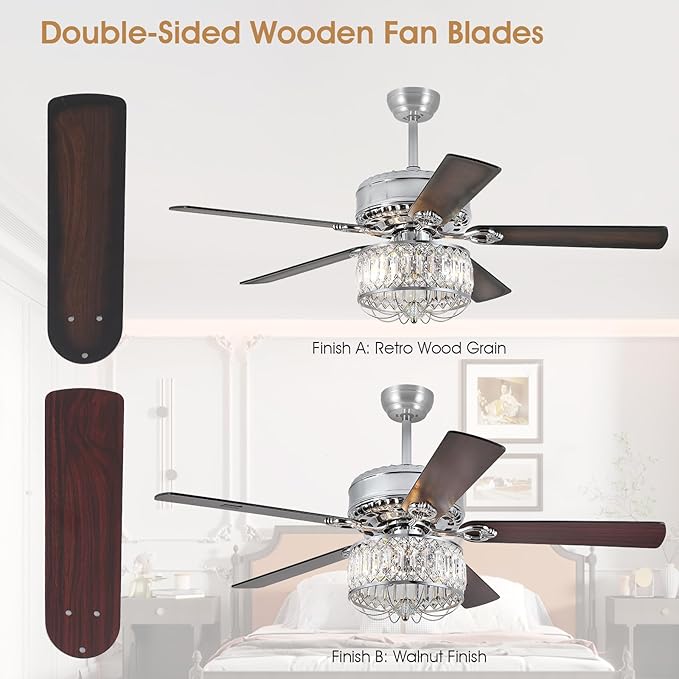 Chandelier Ceiling Fans with Lights - 52 Inch Modern Farmhouse Fandelier Ceiling Fan with Remote, Crystal Ceiling Fan Light for Bedroom Living Room, Dual Finish Wooden Blades, Chrome