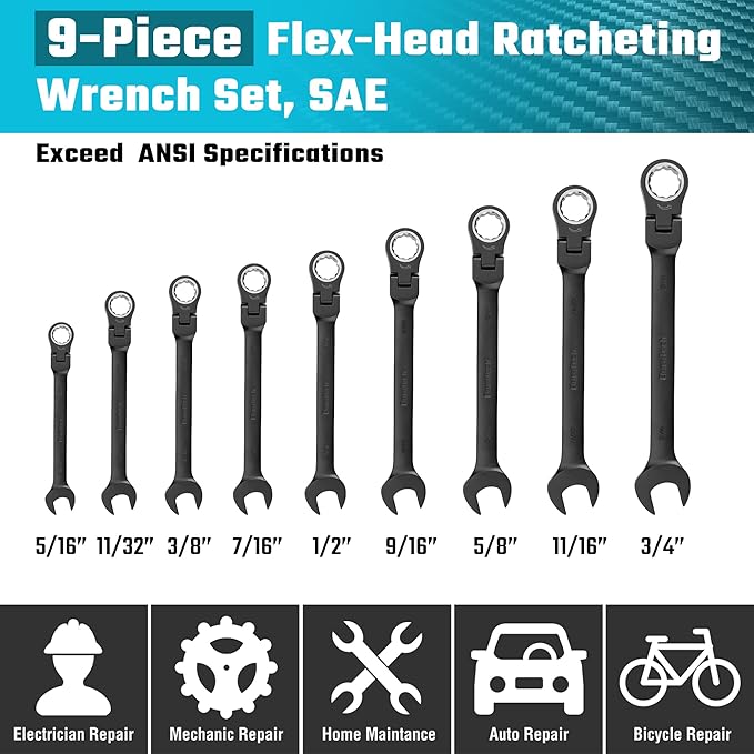 DURATECH 9-Piece Flex-Head Ratcheting Wrench Set, Combination Wrench Set, 72 Tooth, SAE, 5/16'' to 3/4'', Black Electrophoretic Coating, CR-V Steel, with Rolling Pouch