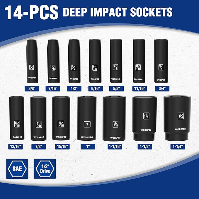 WORKPRO 14-Piece 1/2＂ Drive Deep Impact Socket Set, 6-Point Impact Deep Socket Set with Heavy Duty Storage Case for Automotive and Mechanical Repairs, 3/8"-1-1/4", Cr-V Steel, SAE