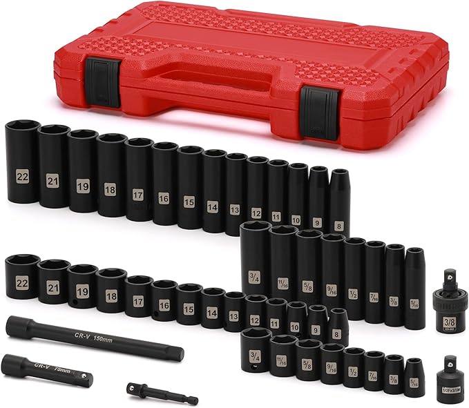 Mayouko 49 Pieces 3/8" Drive Impact Socket Set, 5/16"-3/4", 8-22MM, SAE/Metric, 6 Point, CR-V, Includes Extension Bar, Adapter, Universal Joint