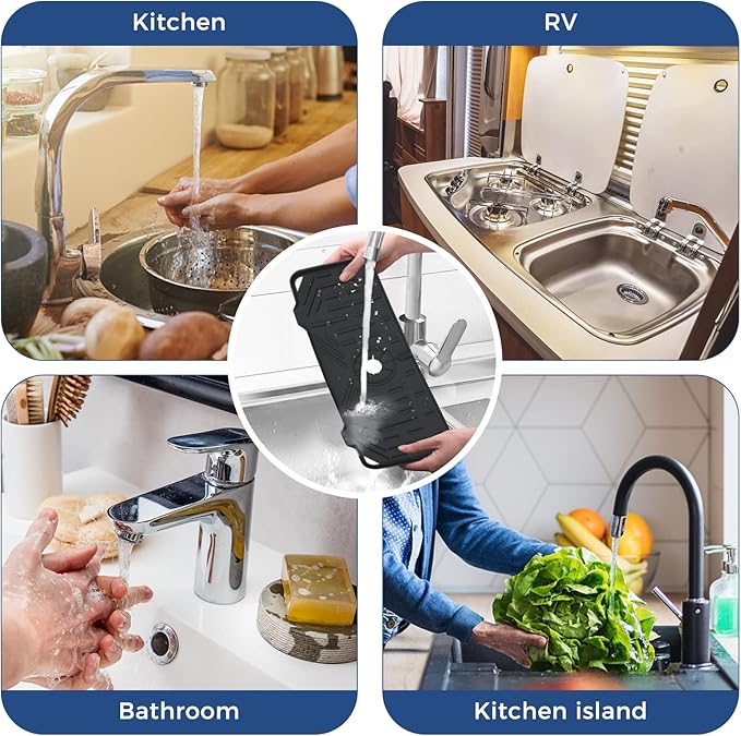 Silicone Faucet Handle Drip Catcher Tray Mat, Silicone Faucet Mat, Dish Soap Sponge Holder for Kitchen Sink Accessories, Drying Mat for Kitchen Counter & Bathroom Kitchen Sink Splash Guard (Black)