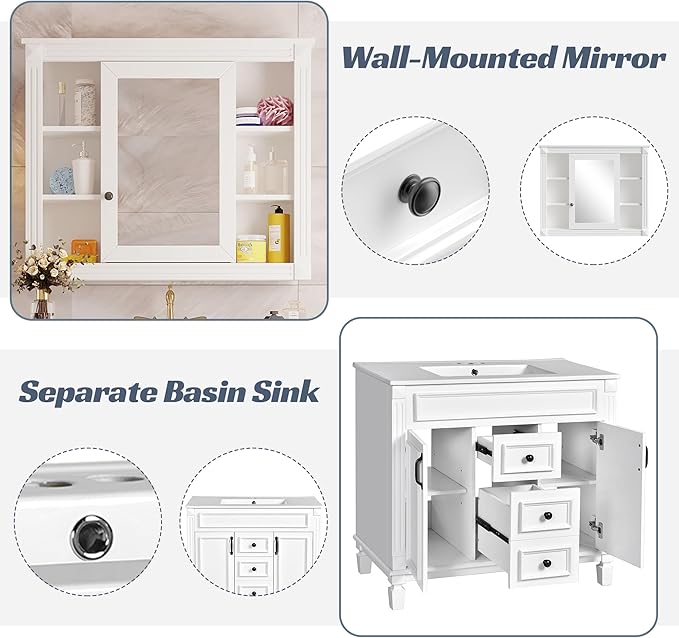 Marzzi 36" Bathroom Vanity with Sink & Matching Medicine Cabinet, 36 inch Bathroom Vanity Storage Cabinet with Sink Top, 2 Drawers, and Mirror with Storage