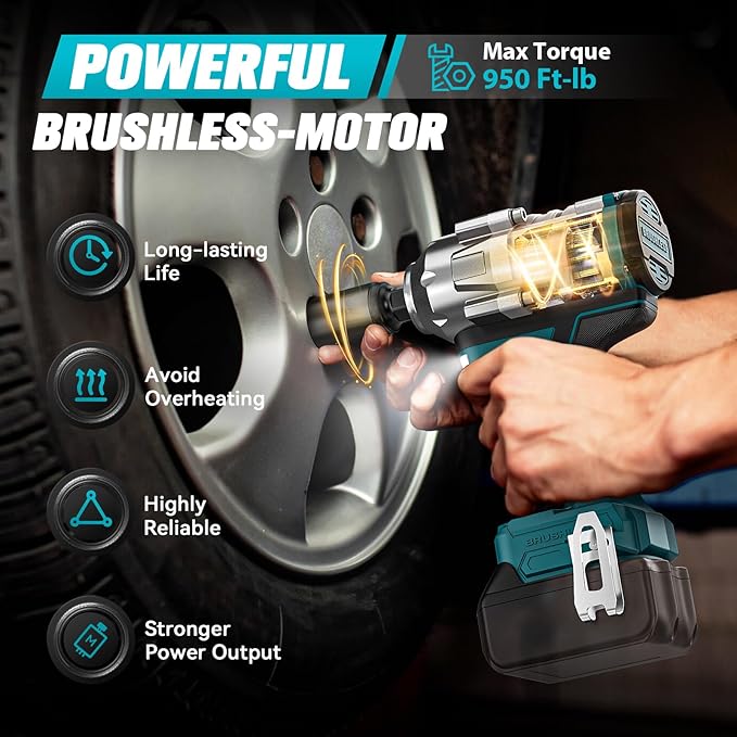 Cordless Impact Wrench 1/2 inch for Makita Battery, 900FT-LBS (1200N.m) Brushless Electric Impact Gun Includes LED Work Light, Bare Tool Only (950Ft-lbs Wrench Bare Tool)