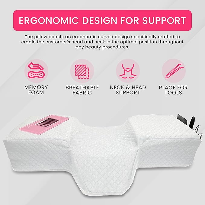 Pillow for Eyelash Extensions - Curved Memory Foam Lash Bed Pillow with Neck and Back Support, Perfect Pillow for Eyelash Extensions, Two Pockets for Tools On The Sides of Pillow (White)