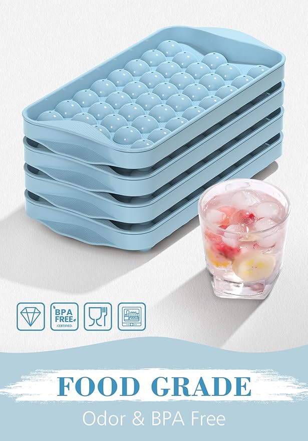 DOQAUS Round Ice Cube Trays with lid and Bin, 4 Pack Easy Pop Out Ice Trays for Freezer with Cover, Compact Circle Ice Cube Trays for Frezzer, Sphere Ice Cube Tray with Storage Ice Bucket Kits, Scoop