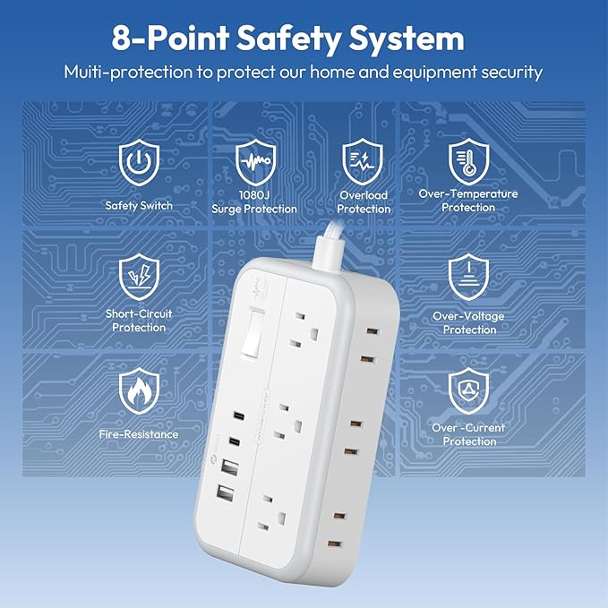 Surge Protector Power Strip 10 ft, Flat Plug Extension Cord with 6 Outlets 4 USB Ports, Outlet Extender Long Cord, Overload Protection, Extension Cord with Multiple Outlets for Indoor, Home, Office