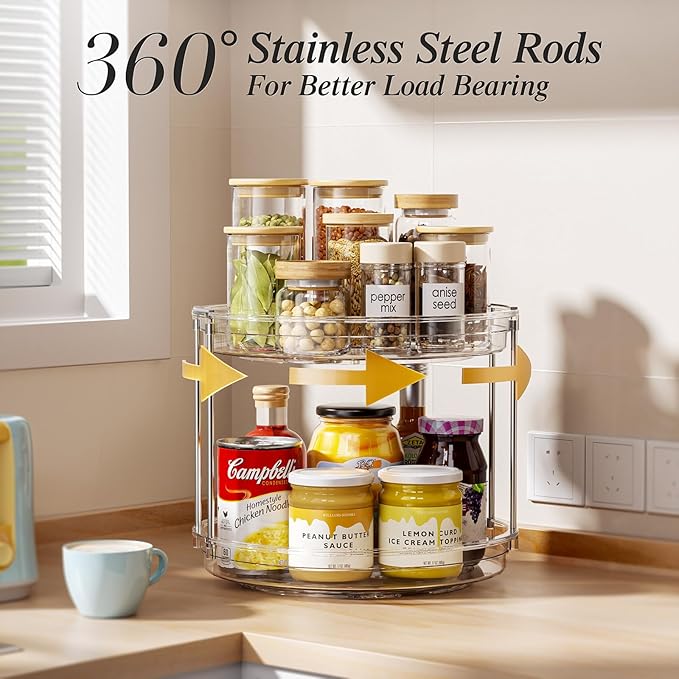 LAMU 10.6in Rotating Makeup Organizer for Vanity, 2 Tier Lazy Susan Turntable Stackable Spinning Skincare Organizer Cosmetic Perfume Tray for Bathroom Counter, Large Capacity, Clear