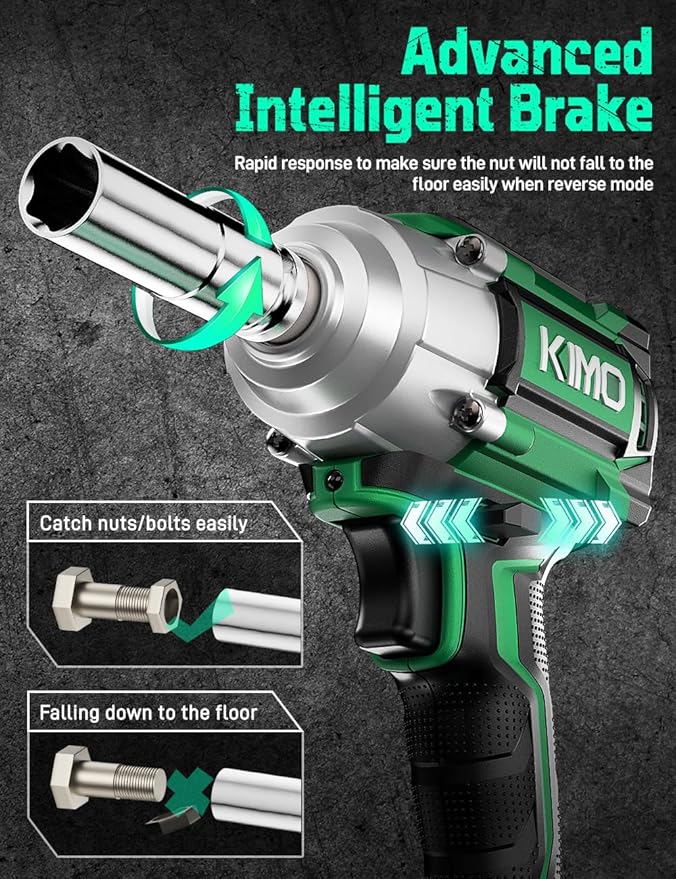 KIMO Cordless Impact Wrench, 550N.m/406ft-lbs, 7Sockets,3Inch Extension Bar, High Torque Brushless Wrench with 3/8" Chuck, 3000 RPM, 4000mAh Li-ion Battery, Charger, Power Impact Driver for Car