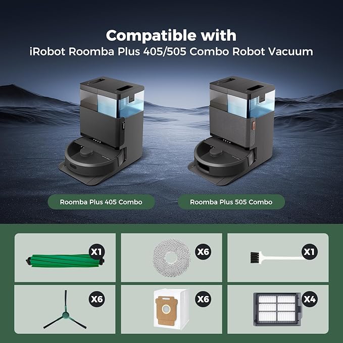 24 Pcs Accessories Kit for iRobot Roomba Plus 405 Combo/505 Combo Robot Vacuum Cleaner, Replacement Parts Include 1 Main Brush, 6 Dust Bags, 6 Mop Pads, 4 Filters, 6 Side Brushes and 1 Cleaning Brush