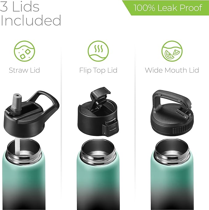 SipX™ Triple-Insulated Stainless Steel Water Bottle 25oz. With 3 Lids, BPA-Free Reusable Insulated Water Bottle Keeps Cold 24 Hours, Metal Water Bottle Made Of Sustainable Material For Hiking & Biking