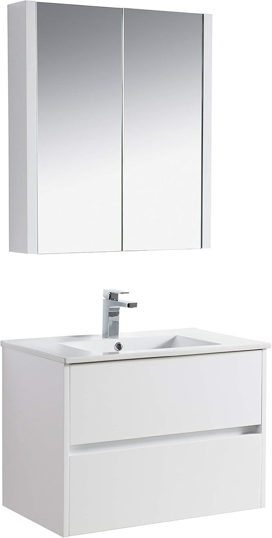 Blossom Single Bathroom Vanity with Ceramic Sink and Mirror Medicine Cabinet | All Wood Floating Vanity Cabinet | 2 Soft-Closing U-Shaped Cutout Drawers | 30 inch, Glossy White