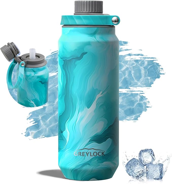 Greylock 20 oz Insulated Stainless Steel Water Bottle with Straw Lid- BPA-Free Leak Proof When Closed, Reusable Metal Water Bottle with Carry Handle for Travel Camping, 24 Hours Cold (Tides)