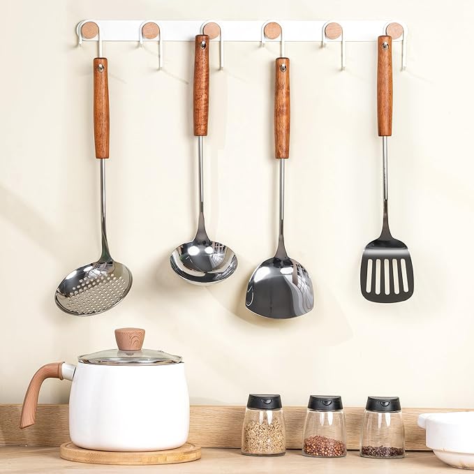 FJNATINH Stainless Steel Wok Tools Set,Wok Utensil - Wok Spatula,Turner,Ladle,Skimmer Tool Set,Mirror Polished Stainless Steel Cooking Utensils 14.6-15.2" Kitchen Utensils Cookware, Pack of 4