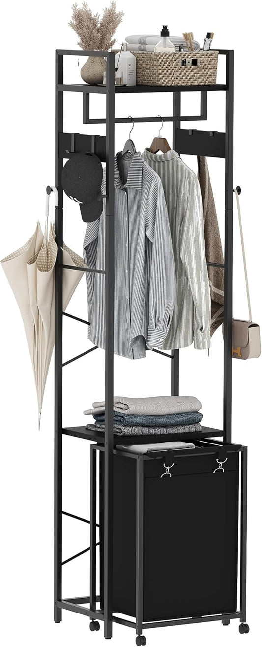 Coat Rack with Laundry Basket, Laundry Hamper Freestanding Hall Tree, Clothes Rack with Storage Shelves, 14.5 Gal Removable Bags on Wheels, Black JLH005B