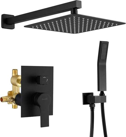 SHAMANDA Luxury Shower Set, Bathroom Single Handle Shower Faucet with Trim Valve Body Hand Shower Complete Kit, Premium Matte Black Rainfall Shower System, L70001-7