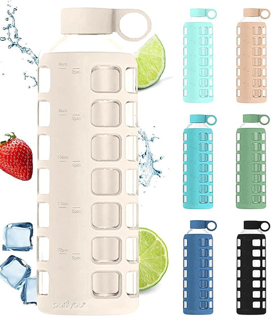 purifyou Premium Glass Water Bottles, 40/32 / 22/12 oz Reusable Drinking Bottle with Time & Volume Markings Silicone Sleeve & Stainless Steel Lid for Water, Coffee, & Fruit Juice (40oz Pearled Ivory)