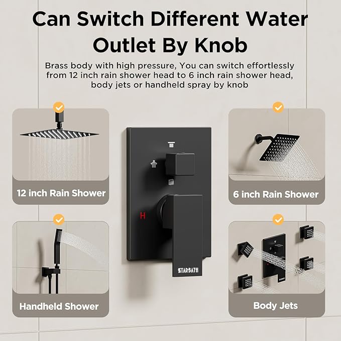 Shower Systems with 4 Body Spray Jets, STARBATH 4 Way 12+6" Rainfall Shower Head with Handheld Combo, Ceiling Mounted Shower Jets System in Wall Shower Faucet Sets Complete, Matte Black