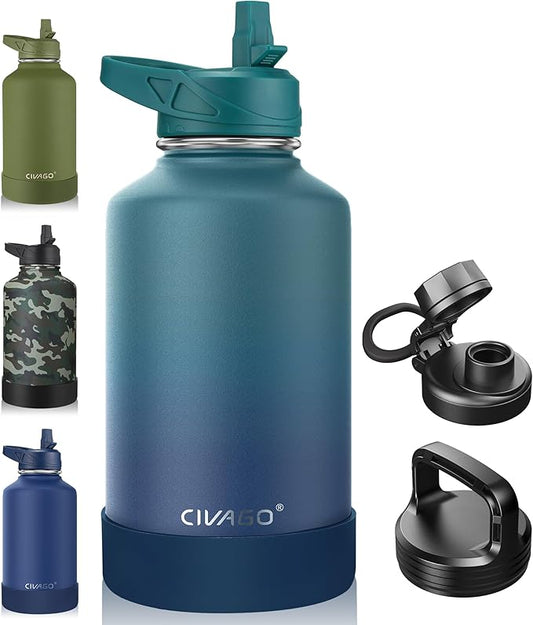CIVAGO 64 oz Insulated Water Bottle With Straw, Half Gallon Stainless Steel Sports Water Flask Jug with 3 Lids (Straw, Spout and Handle Lid), Large Metal Thermal Cup Mug, Dark Night