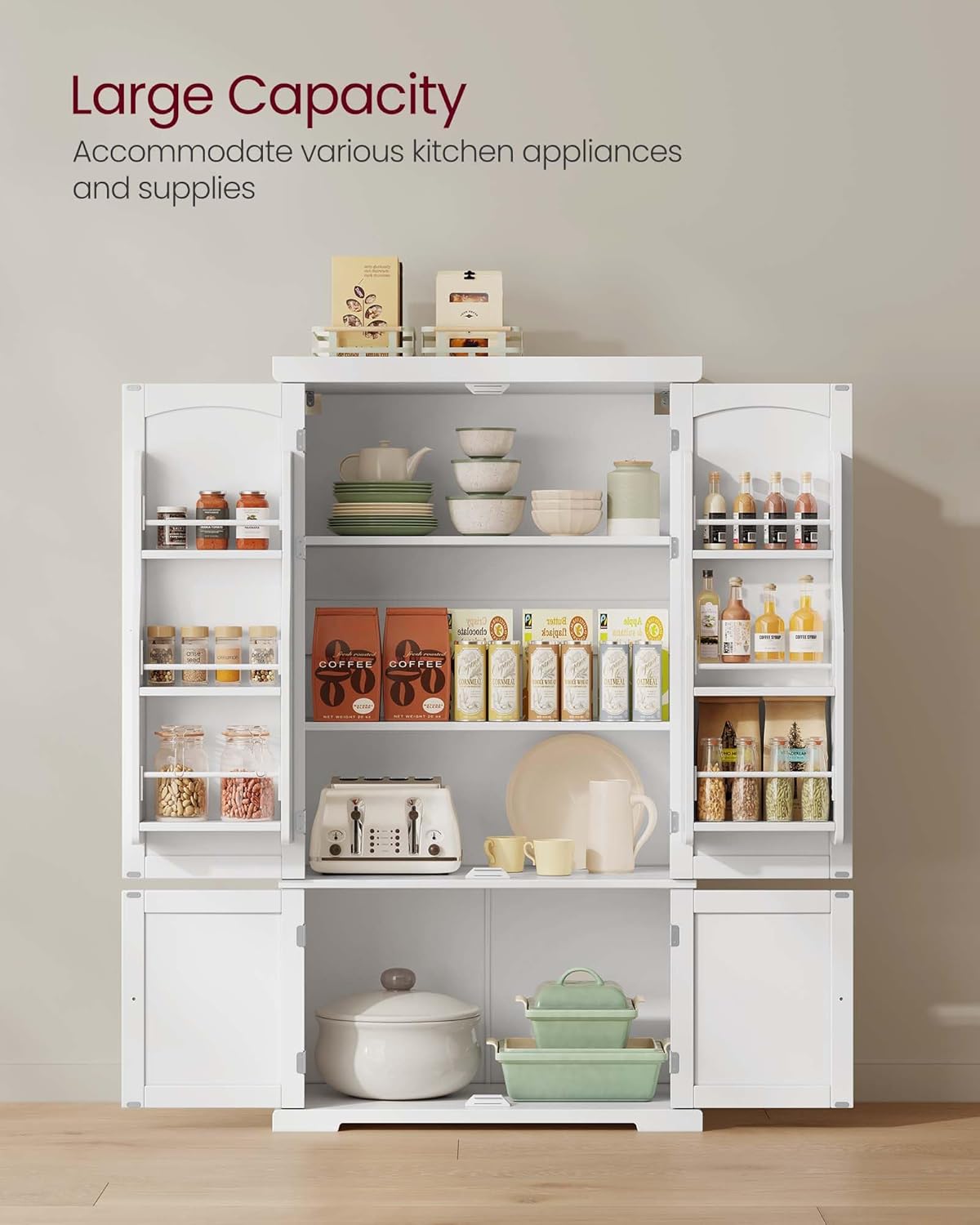 VASAGLE Pantry Cabinet, 53.5-Inch High Freestanding Tall Cupboard Storage Cabinet, 2 Cabinets, 2 Adjustable Shelves, 6 Door Shelves, for Living Room, Kitchen, White UBBC671W01