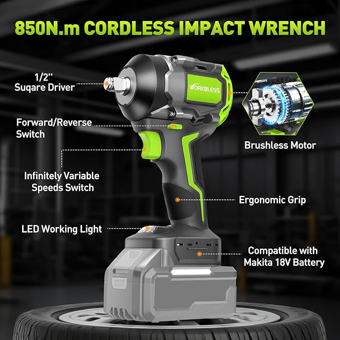 1/2 Impact Gun for Ma-kita 18v Battery, 850Nm (630Ft-lbs) High Torque, Cordless Impact Wrench, 3-Speed, 4 Cr-V Sockets, LED Light, Variable Speeds, Electric Wrench for Car Tire, Mower Lug Nut