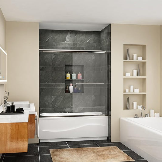 SUNNY SHOWER Bathtub Door Double Glass Sliding Shower Tub Door 60" W x 57.4" H Semi-Frameless 1/4" Clear Glass Shower Enclosure Doors for Bathroom, Chrome Finish