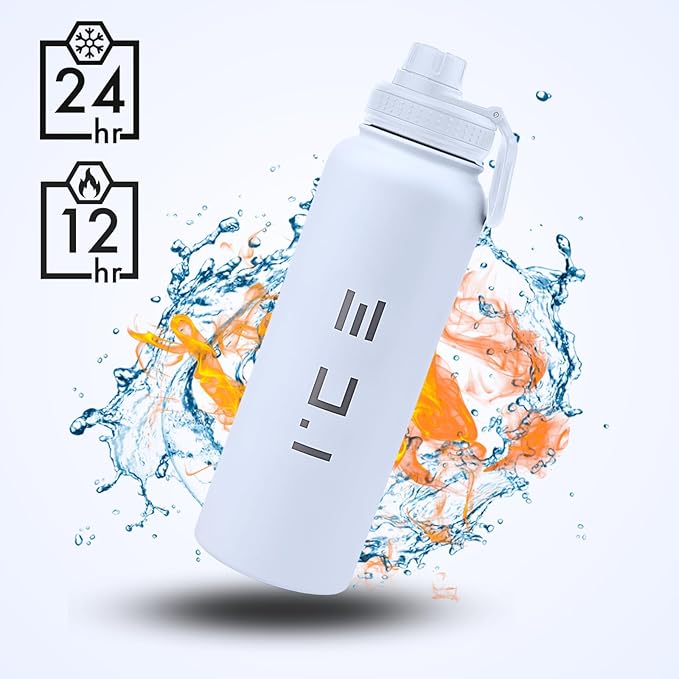 ICE Sports Water Bottle - Includes 3 Lids (1 Straw Lid) & 2 Straws - Leak proof Stainless Steel Gym & Sport Bottles for Men, Women & Kids - Double Walled, Insulated Thermos (White, 40 oz)