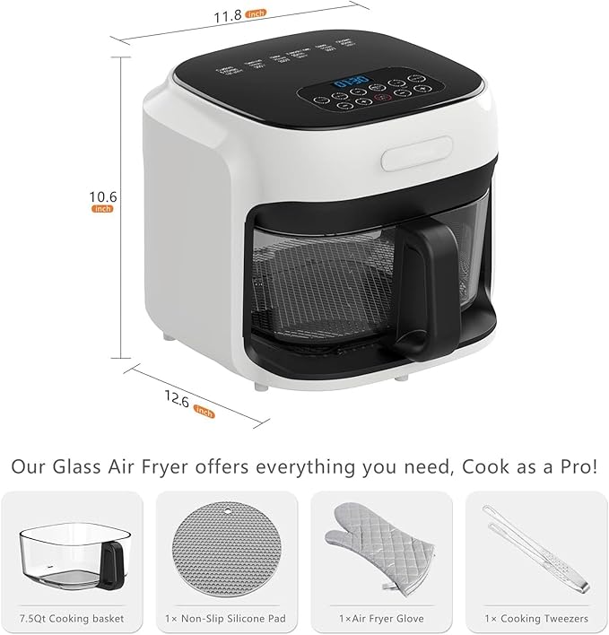 Glass Air Fryer, 7.6QT with Transparent Fry Bowl, Circulating Heating, Temperature Control, Air Fryer Roast, Dishwasher Safe (White)