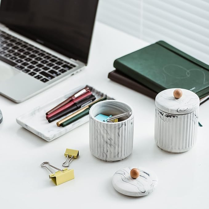 Marble Small Bathroom Jar Set ，Ceramic Cotton Swabs Holder with Lid and Dresser Organizer Set Tray for Storage and Organizing in Bathroom, Dresser, Kitchen, Office