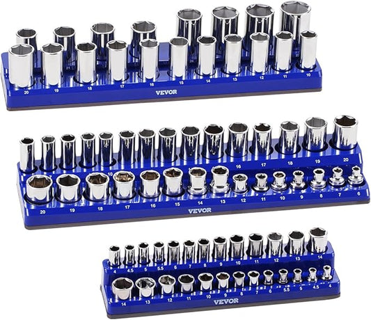 VEVOR Magnetic Socket Organizer Set, 3PCS Magnetic Socket Holder, 1/4'', 3/8'' & 1/2'' Metric Socket Trays with Clear Labels, Hold up to 75PCS Standard & Deep Sockets, Blue (Sockets Not Included)
