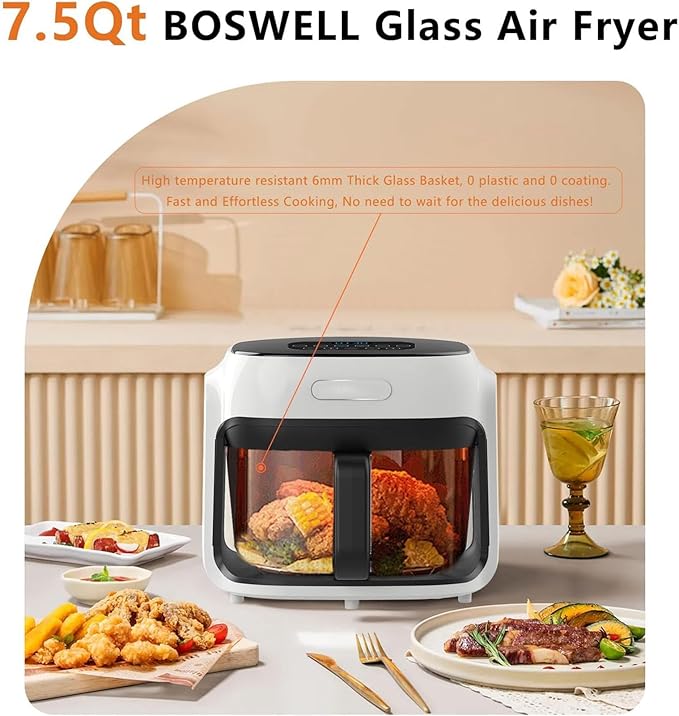 Glass Air Fryer, 7.6QT with Transparent Fry Bowl, Circulating Heating, Temperature Control, Air Fryer Roast, Dishwasher Safe (White)