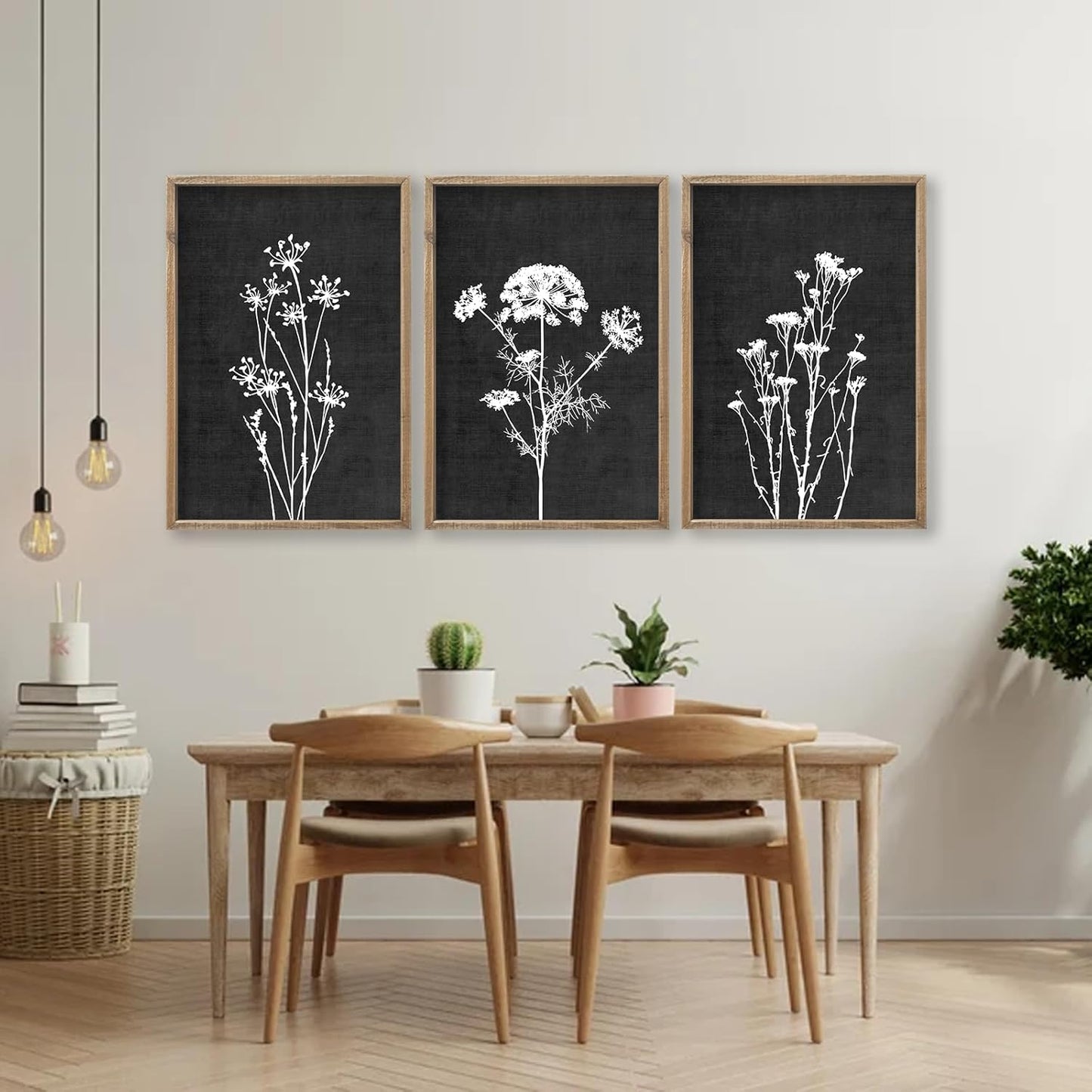 Flower Plant Wall Art Decor 24"x16" Set of 3 Black And White Botanical Painting Wood Framed For Minimalist Bedroom Office Rustic Living Room Abstract Wildflower Sign Hanging (Wood Black)