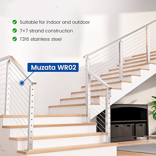 Muzata 300 ft 1/8" Stainless Steel Cable Railing System Hardware T316 Stainless Steel Wire Rope 7x7 1800 lb Breaking Strength Deck Cable Railing Kit with Wire Cutter for Indoor Outdoor Coastal WR02