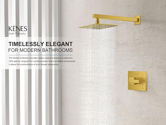 KENES Brushed Gold Shower Faucet, Modern Square Shower Trim Kit with Single-Spray Gold Shower Head, Wall Mount, KE-6024B-4 (Including Shower Valve)