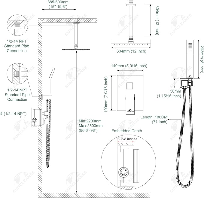 SunCleanse Rainfall Shower System Oil Rubbed Bronze Shower Faucet Combo Set with High Pressure 12 Inches Square Rain Shower Head, Handheld and Shower Faucet Rough-in Mixer Valve and Trim
