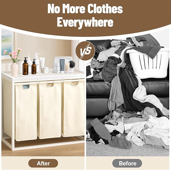 Bamboo Laundry Hamper 3 Section with Lid, 150 L Laundry Sorter with Pull-Out Removable Washable Bags, 3 × 12.5 Gal Divided Laundry Baskets for Laundry Room, Bathroom (White)