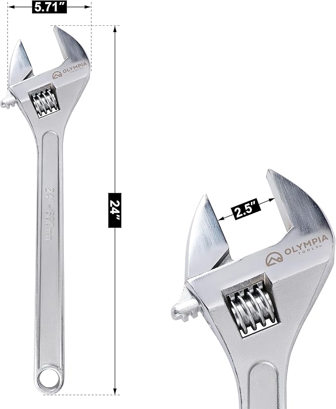 Olympia Tools 24" Adjustable Wrench, Heavy Duty Drop Forged Steel, Chrome Plated, Precision Machined Jaws, Rust Resistant