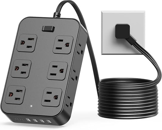 Flat Plug Power Strip Surge Protector 5 Ft Extension Cord with 12 AC Outlets 6 USB Ports 3 Side Multi Plug Outlet Extender Home Office Kitchen Dorm Room Wall Desk Charging Station ETL Listed
