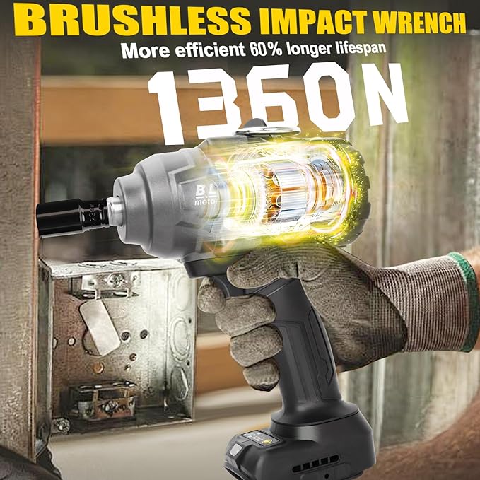 Cordless Impact Wrench 1/2" for DeWalt 20V MAX Battery, Impact Wrench 1000FT-LBS(1360N.m) High Torque Brushless Electric Impact, with 4 Modes Power Impact Driver for Car, Truck, Mower (No Battery)