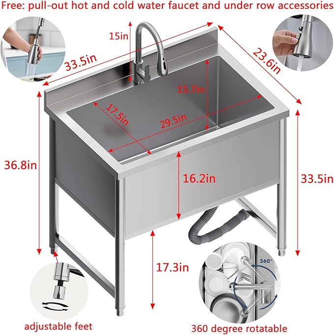 Stainless Steel Commercial Restaurant Sink, Freestanding Large Commercial Sink with Pull-out Faucet for Kitchen Dishwashing, Thawing, Pet Cleaning, Laundry Room, 35 Gallon, 23.6"D x 33.5"W x 36.8"H