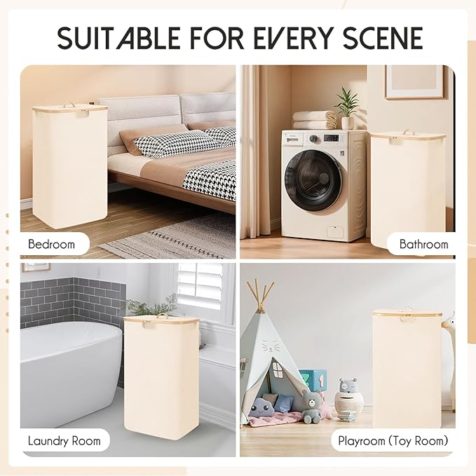 160L Laundry Sorter Hamper with Lid, 3 Section Extra Large Dirty Clothes Basket with Handles, 3 Removable Liner Bags & Labels, Beige