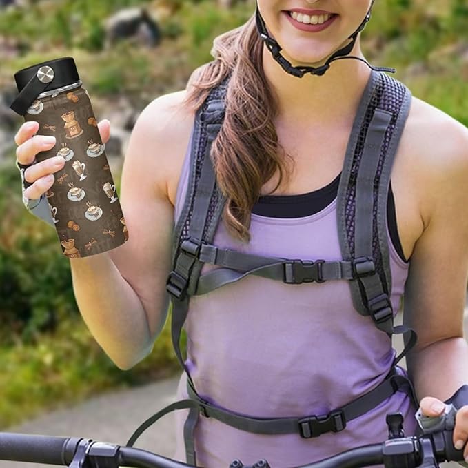 Coffee Print Insulated Water Bottle 18 Oz Stainless Steel Leak Proof Vacuum Easy to Clean Lightweight Keeps Cold and Hot Great for Travel Hiking Biking Running