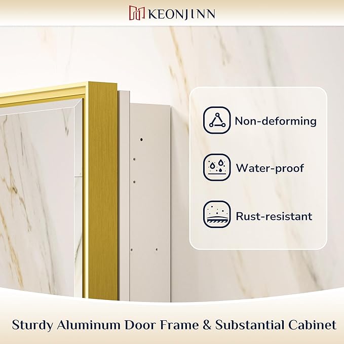 Keonjinn 21" x 27" Gold Medicine Cabinets with Mirror for Bathroom, Recessed or Surface Wall-Mounted Aluminum Alloy Framed Beveled Mirror, Single Door Farmhouse Bathroom Mirror with Storage Cabinet