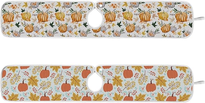 Fall Pumpkin Faucet Sink Mat for Kitchen 2 Pack Autumn Maple Leaves Sunflower Berry Bathroom Drying Mat Absorbent Splash Water Catcher Mats Microfiber Cloth Drip Protector Splash Pad 30x5 Inches