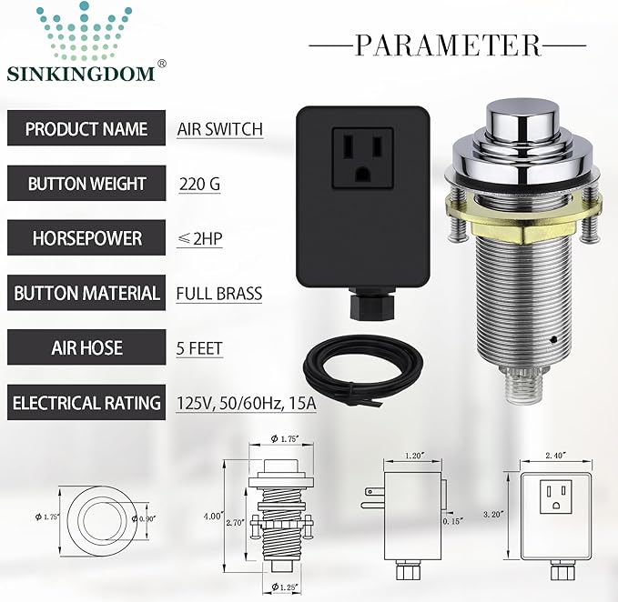 SinkTop Air Switch Kit (Long Full Brass Button) for Garbage Disposal, Cordless Chrome