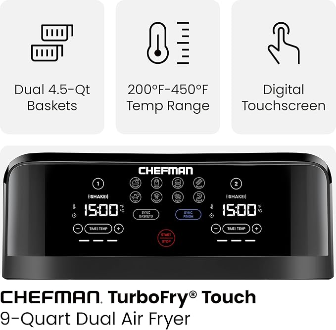Chefman TurboFry Touch Dual 4.5QT Air Fryer Bundle With 100 5.5" Round Disposable Liners