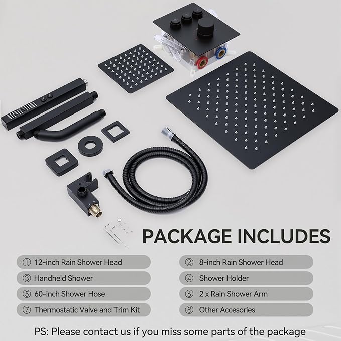 Thermostatic Shower Systems Matte Black Shower Faucets Sets, STARBATH 12+ 8" Wall Mount Rain Shower and 2 in 1 Handhled, Can Use All at Once, Push Button 3 Modes Valve and Trim Kit Complete Shower Set